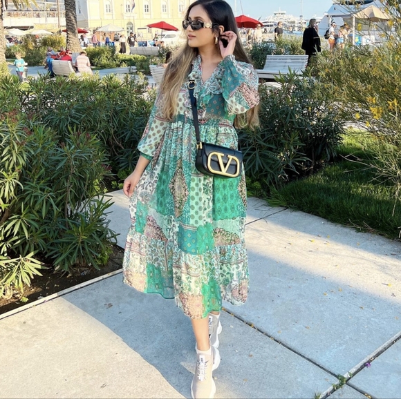 ZARA RUFFLED PATCHWORK GREEN MIDI DRESS NWT - Picture 1 of 9